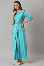 W for Woman Womens Polyester Teal Insta Saree Dress with Embroidered Belt Ankle Length 22AUW18050-120234