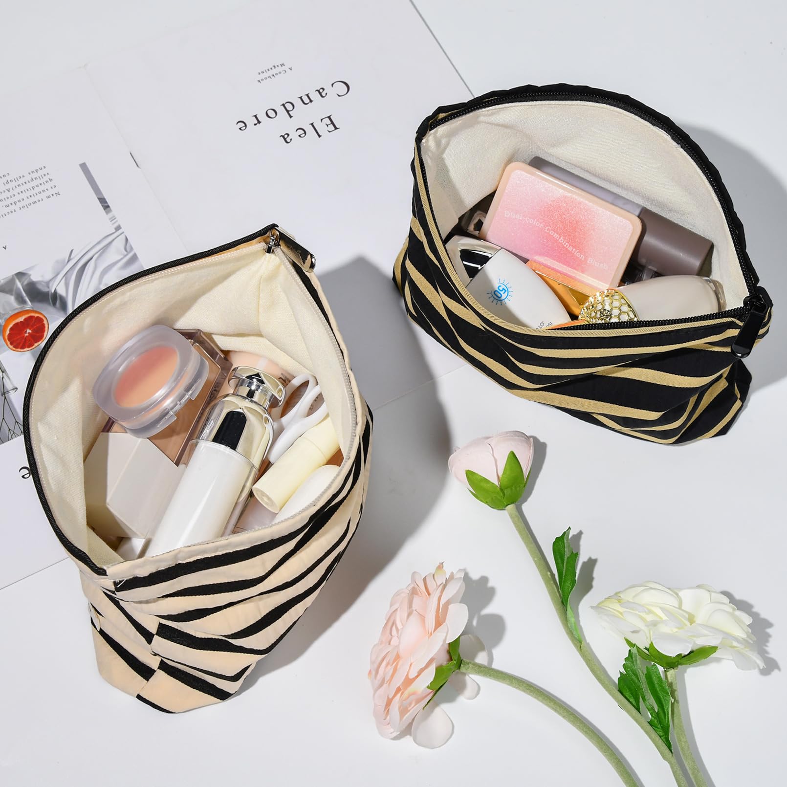 SOIDRAM 2 Pieces Makeup Bag Large Stripe Cosmetic Bag Capacity Canvas Travel Toiletry Bag Organizer Cute Makeup Brushes Aestheti