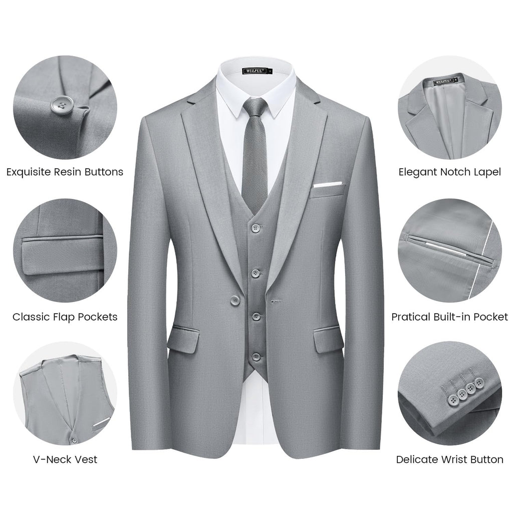 WULFUL Mens Slim Fit Suit One Button 3-Piece Blazer Dress Business Wedding Party Jacket Vest & Pant Light Grey