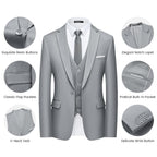 WULFUL Mens Slim Fit Suit One Button 3-Piece Blazer Dress Business Wedding Party Jacket Vest & Pant Light Grey