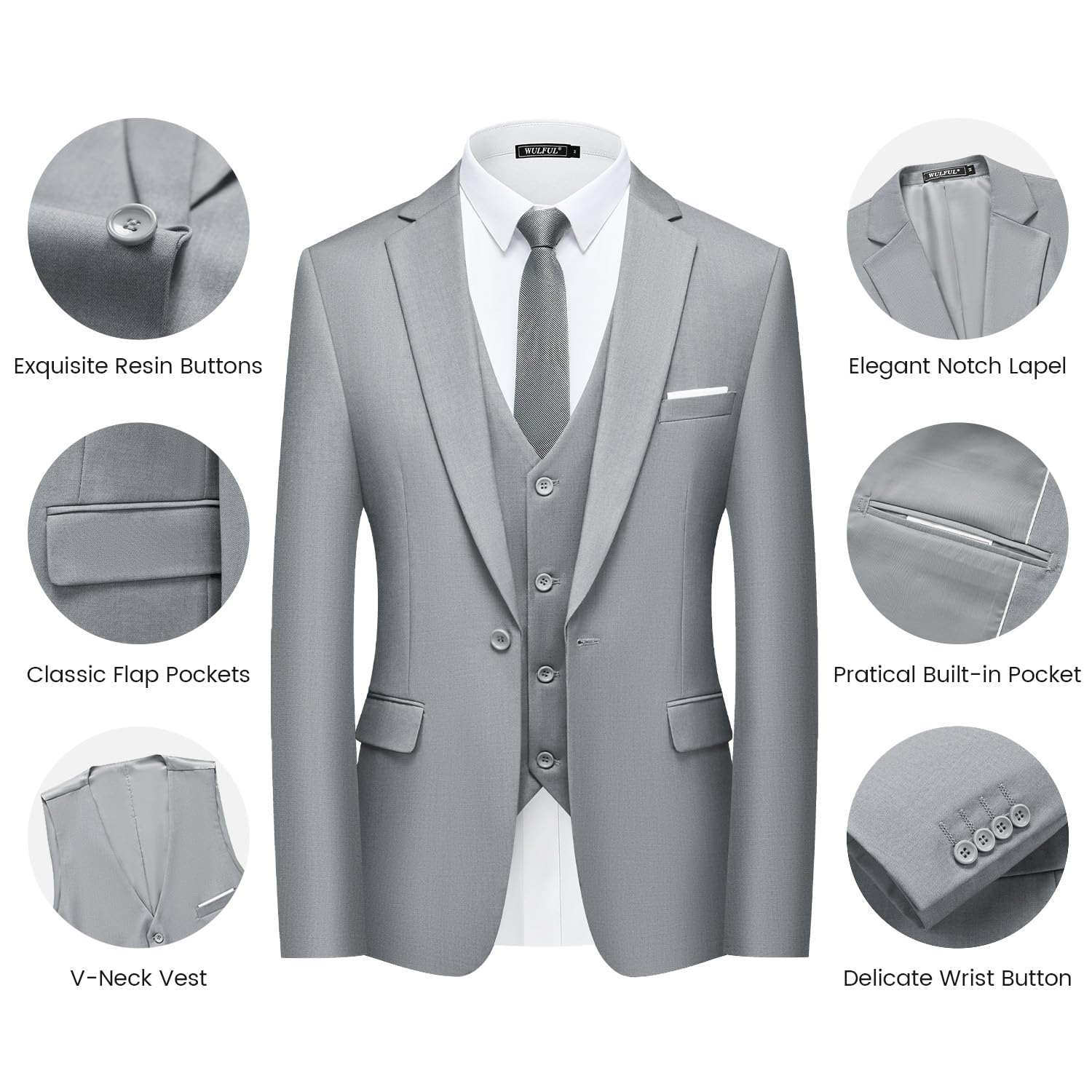 WULFUL Mens Slim Fit Suit One Button 3-Piece Blazer Dress Business Wedding Party Jacket Vest & Pant Light Grey