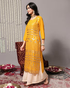Varanga Women Yellow Sequins Embellished Kurta Paired With Contrast Sharara And Ombre Dupatta