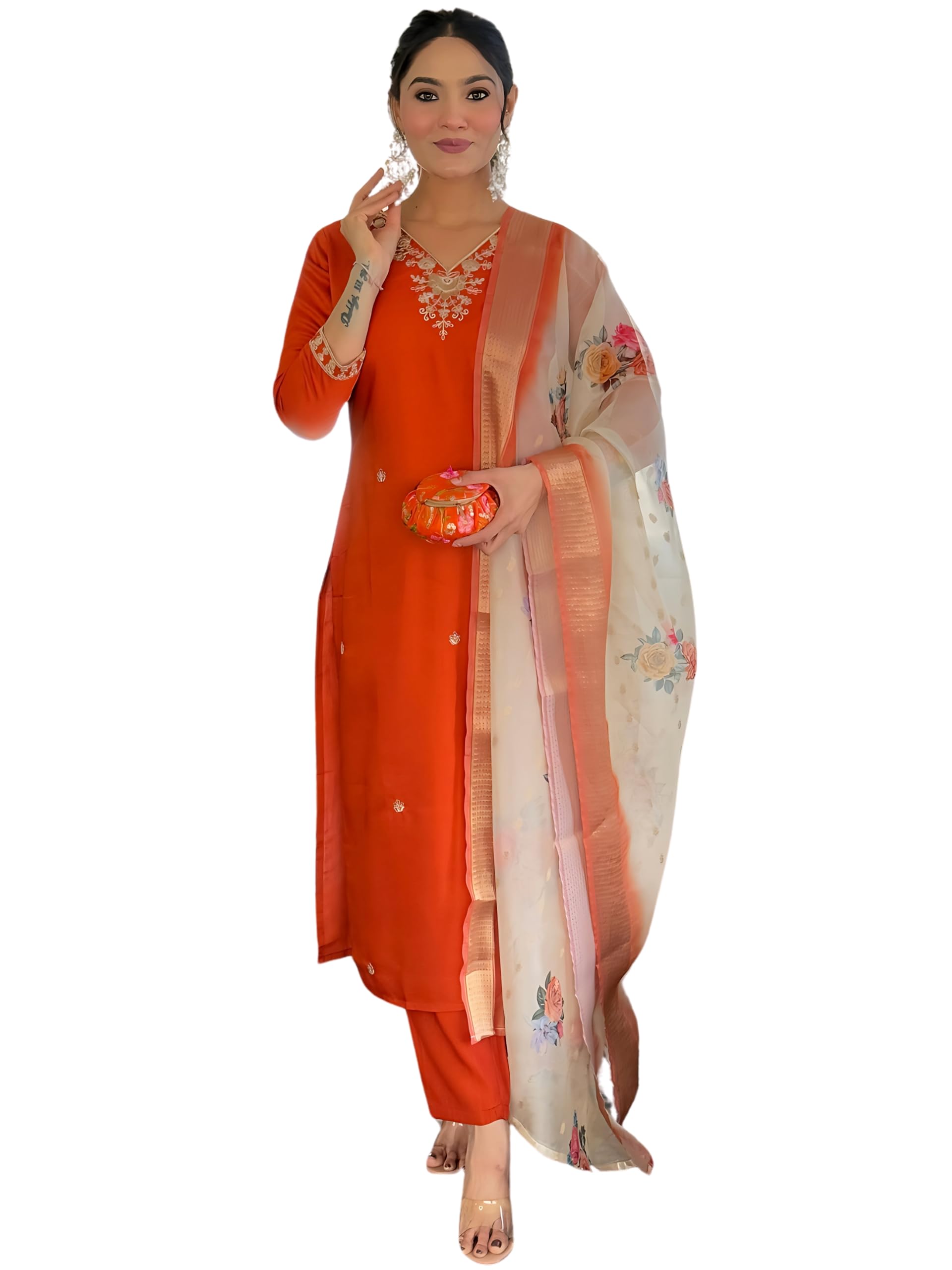 Naixa WomenS Rust Bsy Viscose Embroidered Straight Kurta With Bsy Viscose Pant And Organza Jacquard With Digital Print Dupatta 