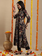 ANNI DESIGNER Womens Rayon Blend Straight Fit Anarkali Printed Kurta with Pant (Allgood Black_M_Black_Medium)