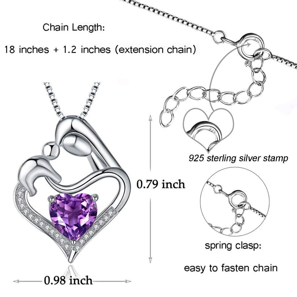 ABBGIABBW 925 Sterling Silver Purple Birthstone Mother Daughter Love Heart Pendant Necklace Mother Daughter Jewelry Christmas fo