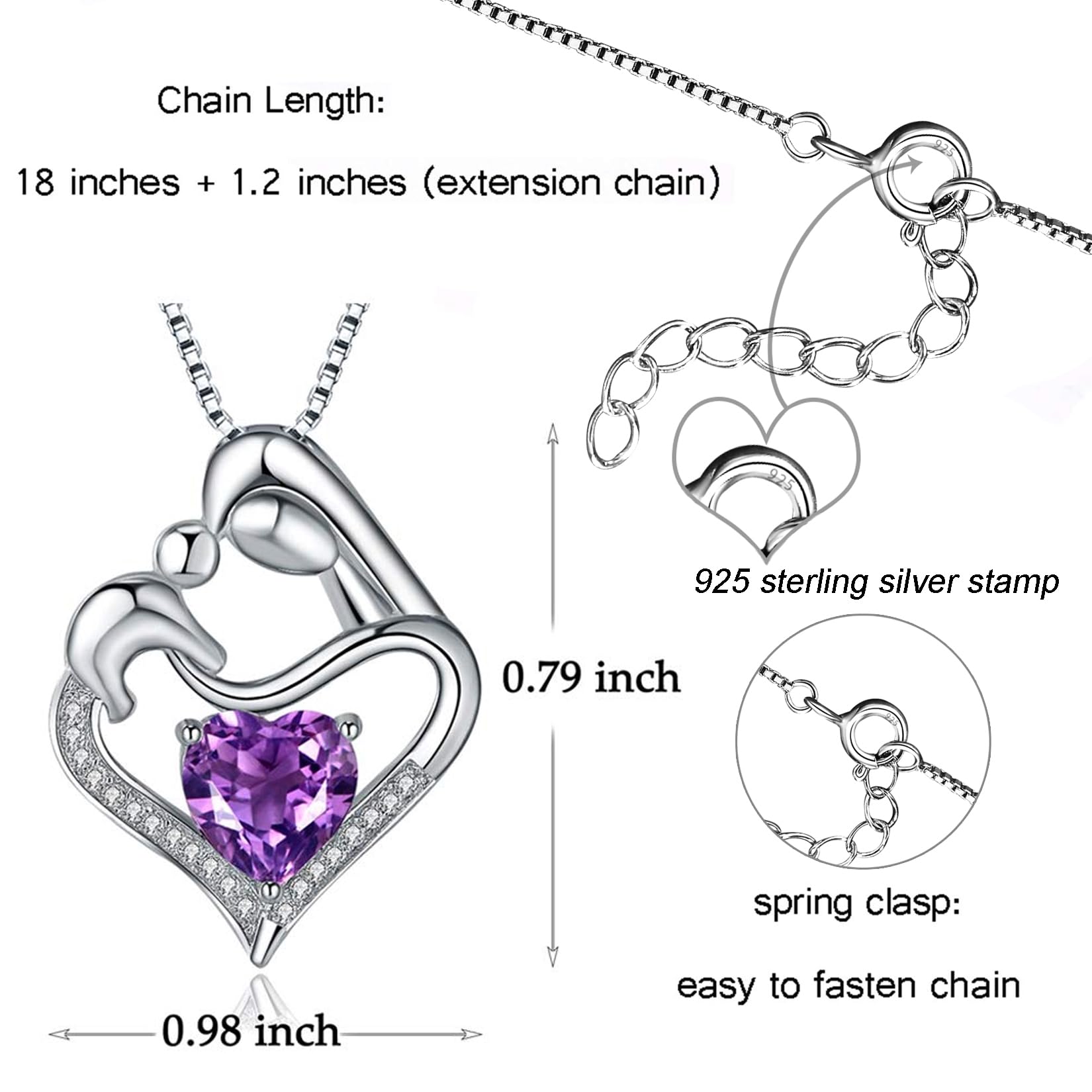 ABBGIABBW 925 Sterling Silver Purple Birthstone Mother Daughter Love Heart Pendant Necklace Mother Daughter Jewelry Christmas fo