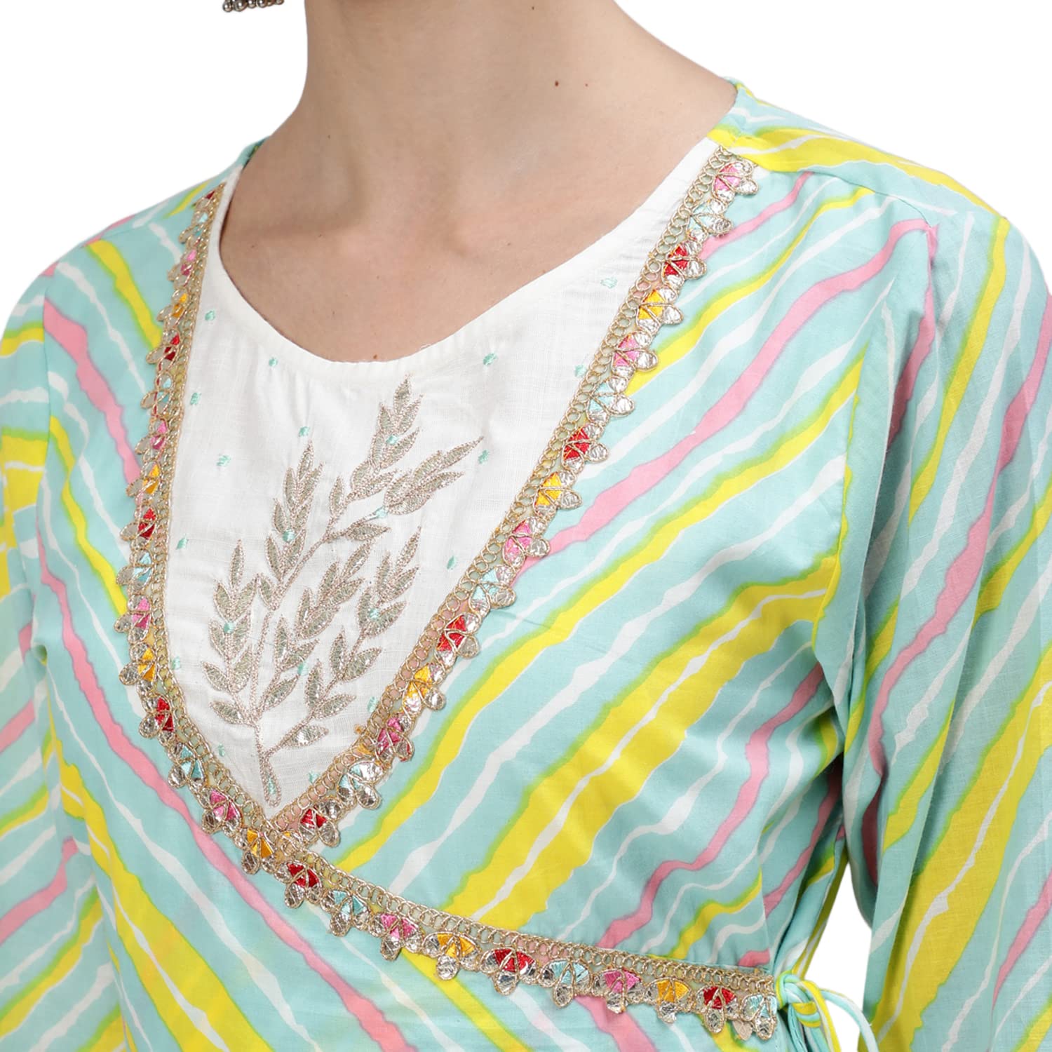 Ishin Women'S Cotton Regular Fit Chevron Print Embroide Ankle Length Anarkali Kurta Dress