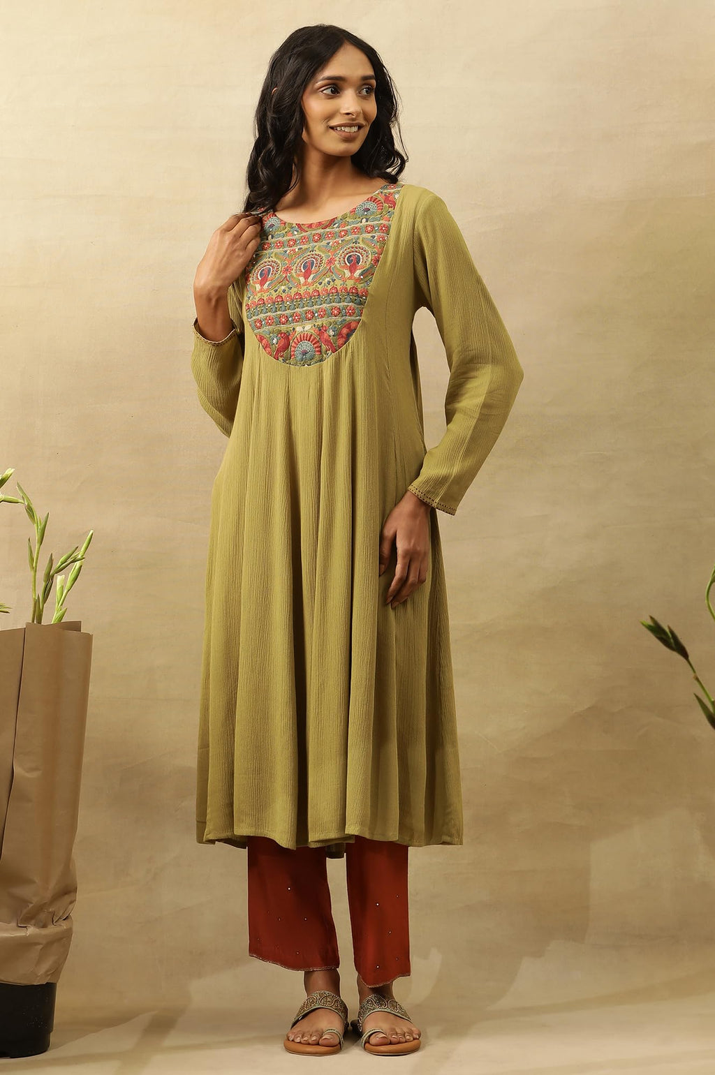 W For Woman Folksong By W Women Green Festive Solid Viscose Flared Kurta