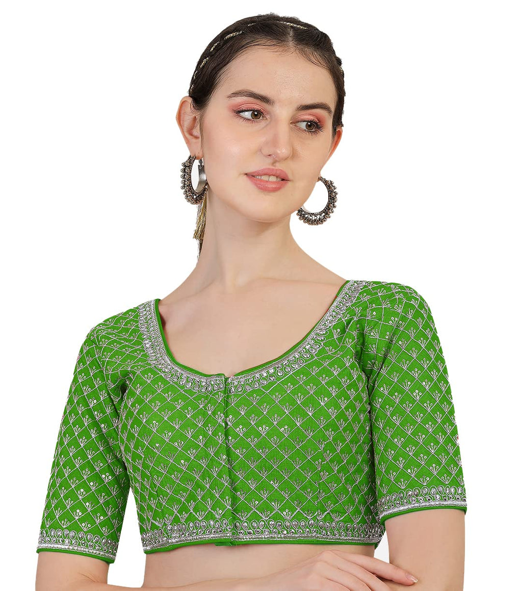 Pujia Mills Womens Heavy Silver Jari Thread Readymade Blouse for Saree Lehenga (Light Green, 38)