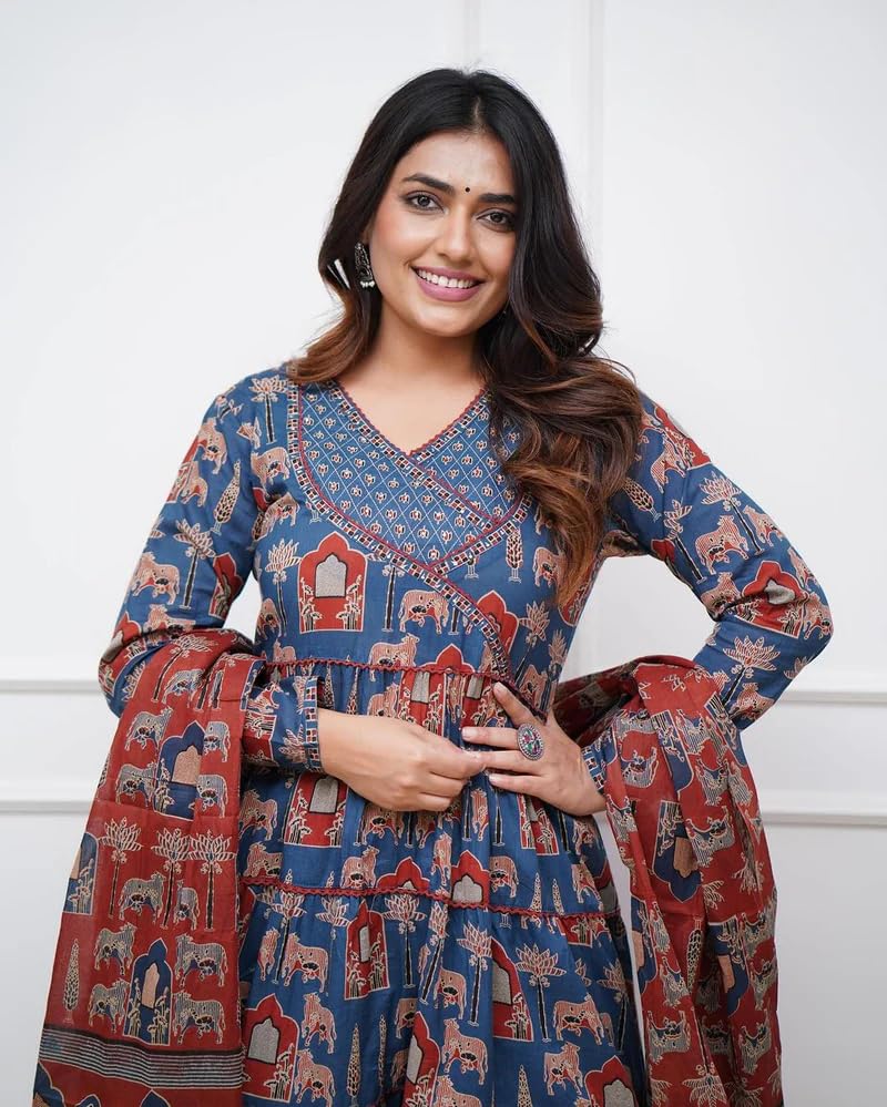 GRECIILOOKS WomenS Rayon Anarkali Printed V- Neck Kurta With Palazzo & Dupatta | Ethnic Set | Dupatta Set | Suit Set