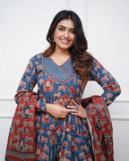 GRECIILOOKS WomenS Rayon Anarkali Printed V- Neck Kurta With Palazzo & Dupatta | Ethnic Set | Dupatta Set | Suit Set