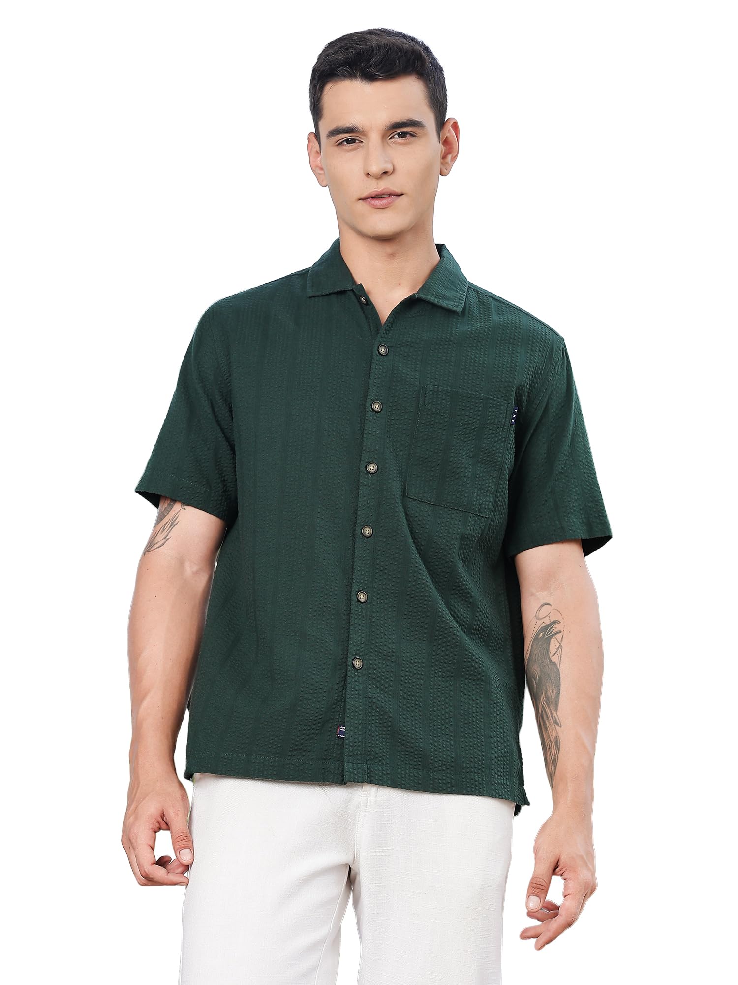Thomas Scott Mens | Stripes | Seer Sucker Fabric | Spread Collar | Half Sleeve | Casual | Shirts for Men Green