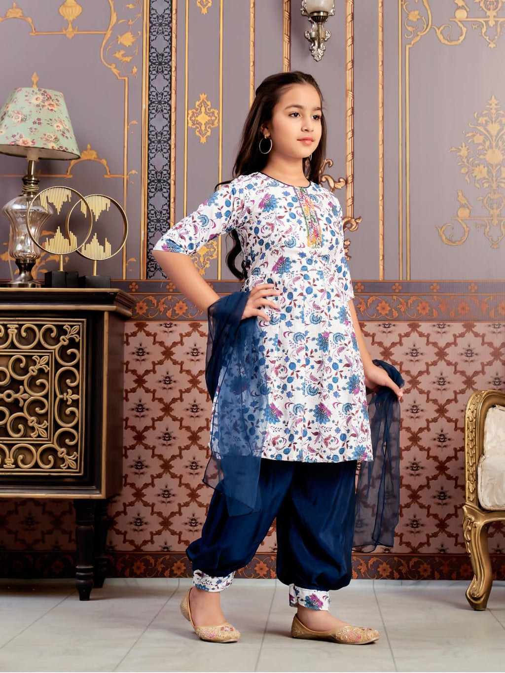 Aarika Girls Ethnic Wear Teal-Blue-White Colour Floral Print Beads Work Polycrepe Kurti Patiala Set With Dupatta-3-13 Years (Pt-