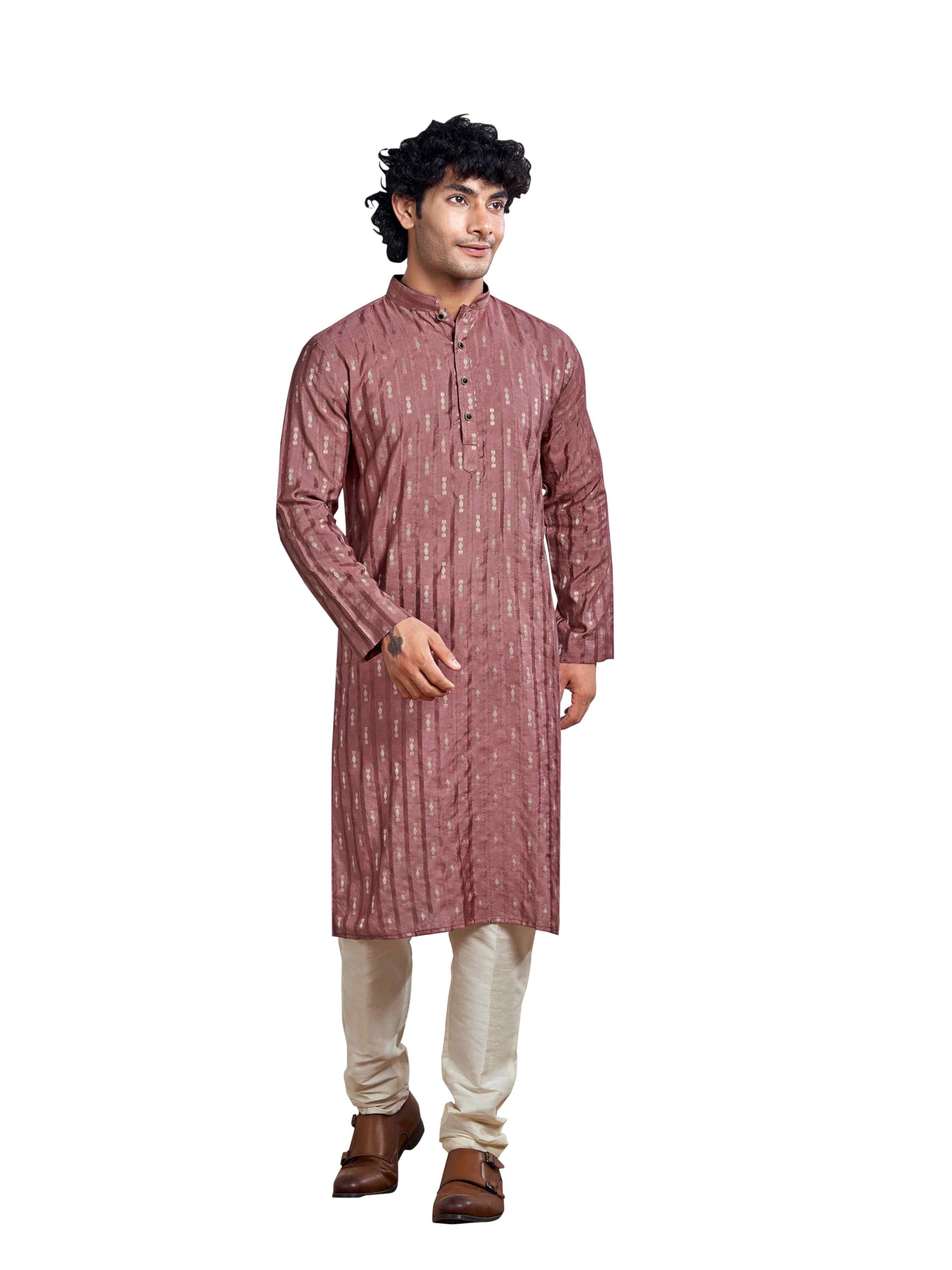 Vardha MenS Viscose Woven Jacquard Stitched Kurta With Linear Striped And Diamond Jacquard Pattern And Full Sleeve | Kurta For 