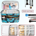 AMOIGEE Double Layer Makeup Train Case - Travel Bag Organizer for Makeup Brushes, Bottles, Palettes, Sponges and Cosmetics