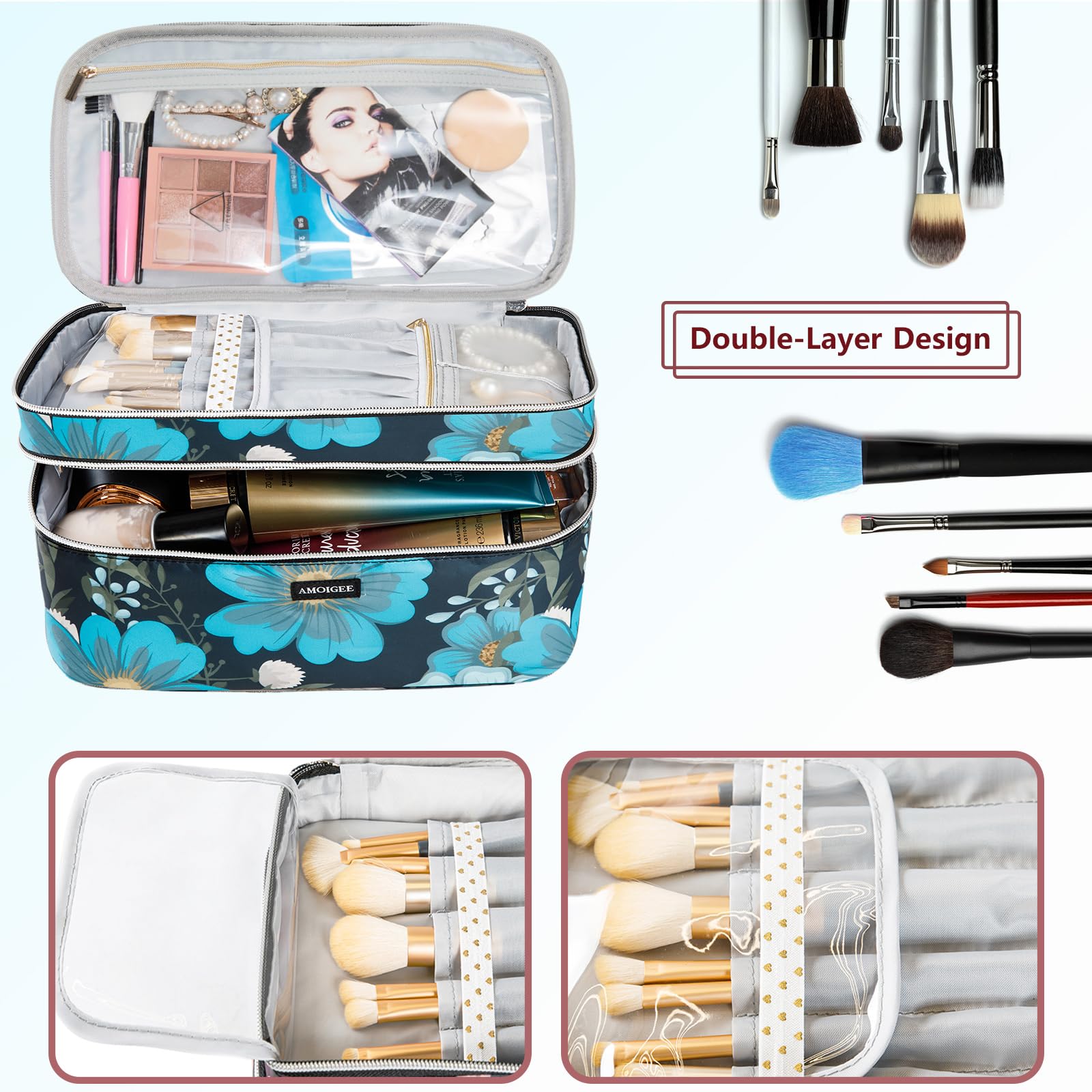 AMOIGEE Double Layer Makeup Train Case - Travel Bag Organizer for Makeup Brushes, Bottles, Palettes, Sponges and Cosmetics
