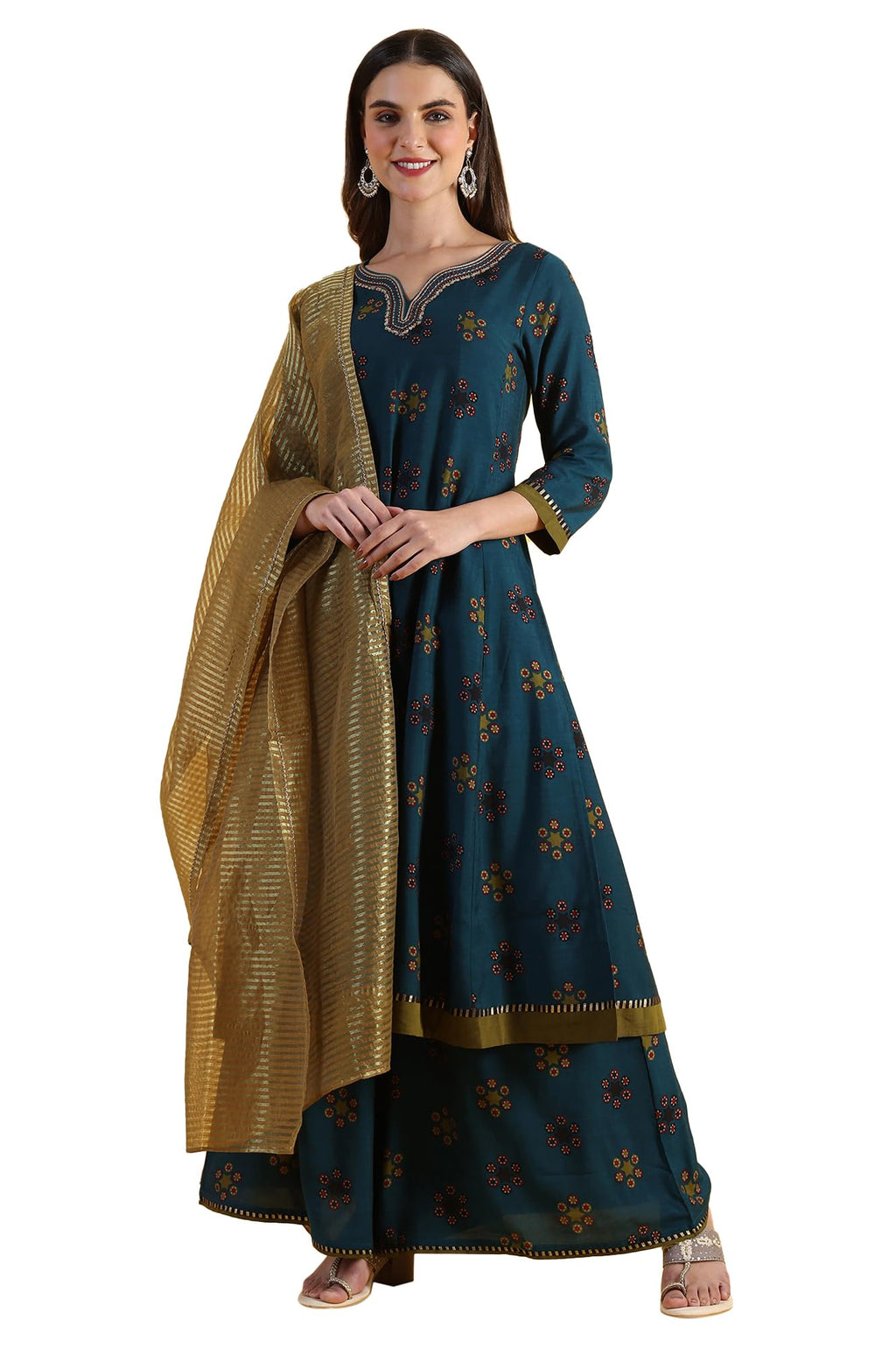 W For Woman Blue Printed Sequins Flared Kurta & Flared Pants With Dupatta Set (Size: S)-24Auws11672-124390