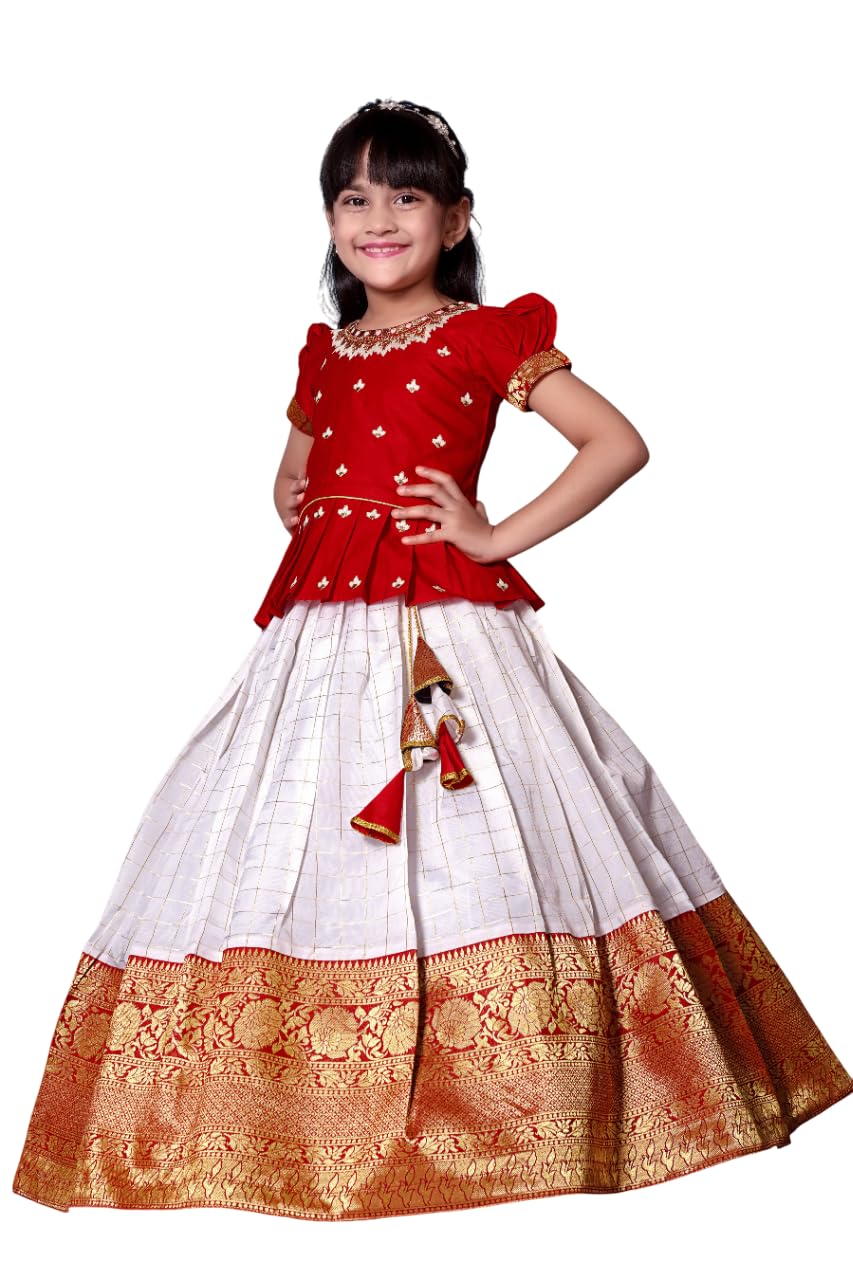 White Button New Latest GirlS Pattu Pavadai Readymade Lehenga Choli For Girls Dress