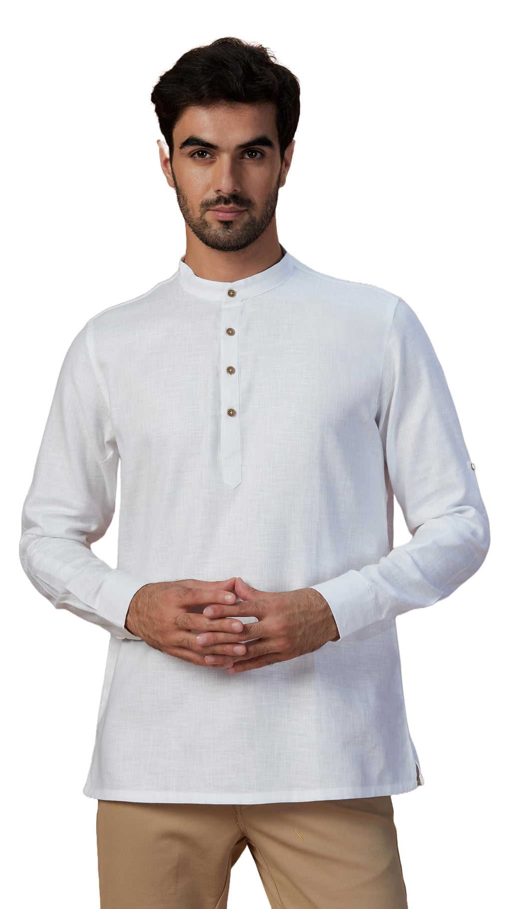 Manyavar Mens Short Kurta Only, Ethnic Short Kurta For Men, Full Sleeves Mandarin Collar Self Design Blended Cotton Short Kurta 