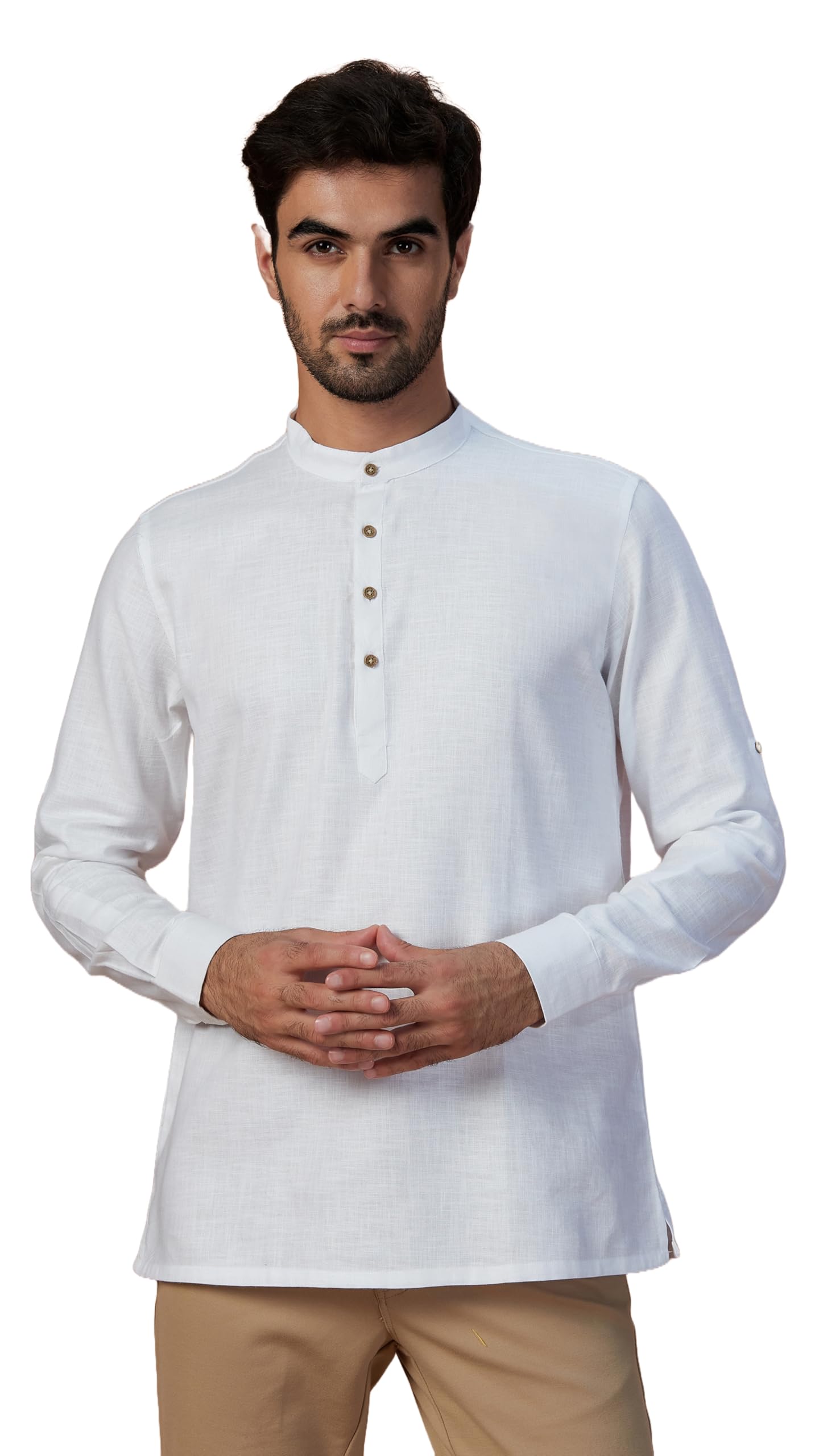 Manyavar Mens Short Kurta Only, Ethnic Short Kurta For Men, Full Sleeves Mandarin Collar Self Design Blended Cotton Short Kurta 