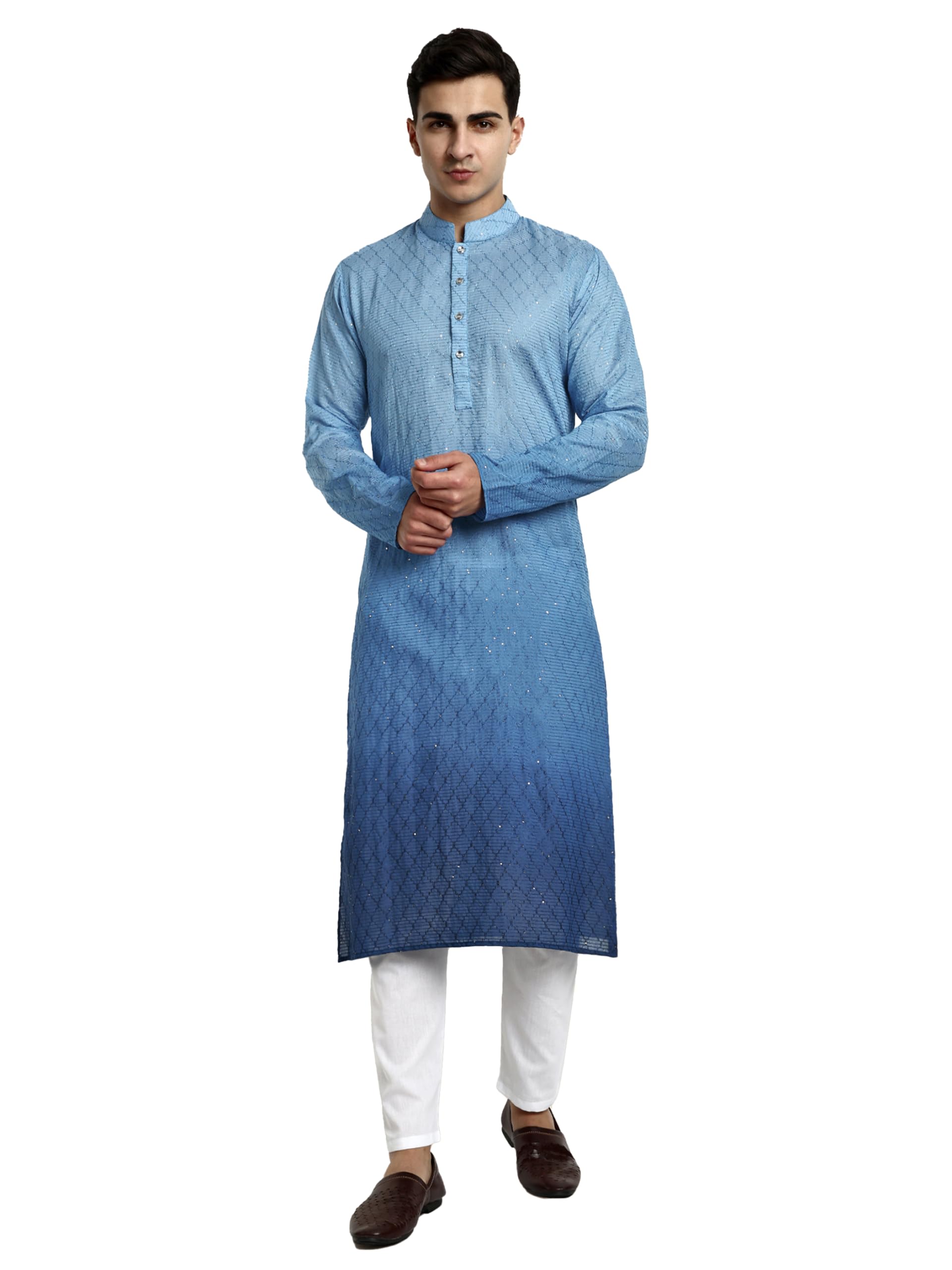 Vardha MenS Cotton Chikankari Embroidered And Sequence Full Sleeve Knee Length Casual Kurta For All Occations Like Wedding, Off