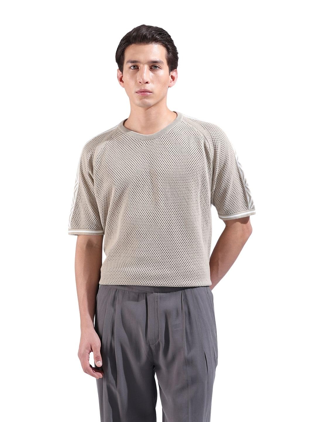 The Indian Garage Co Mens Oversized Solid Flatknit Half Sleeves Crew Neck Sweater