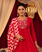ANNI DESIGNER Women s Regular Rayon Blend Floral Kurta with Pants and Dupatta, Red, 44
