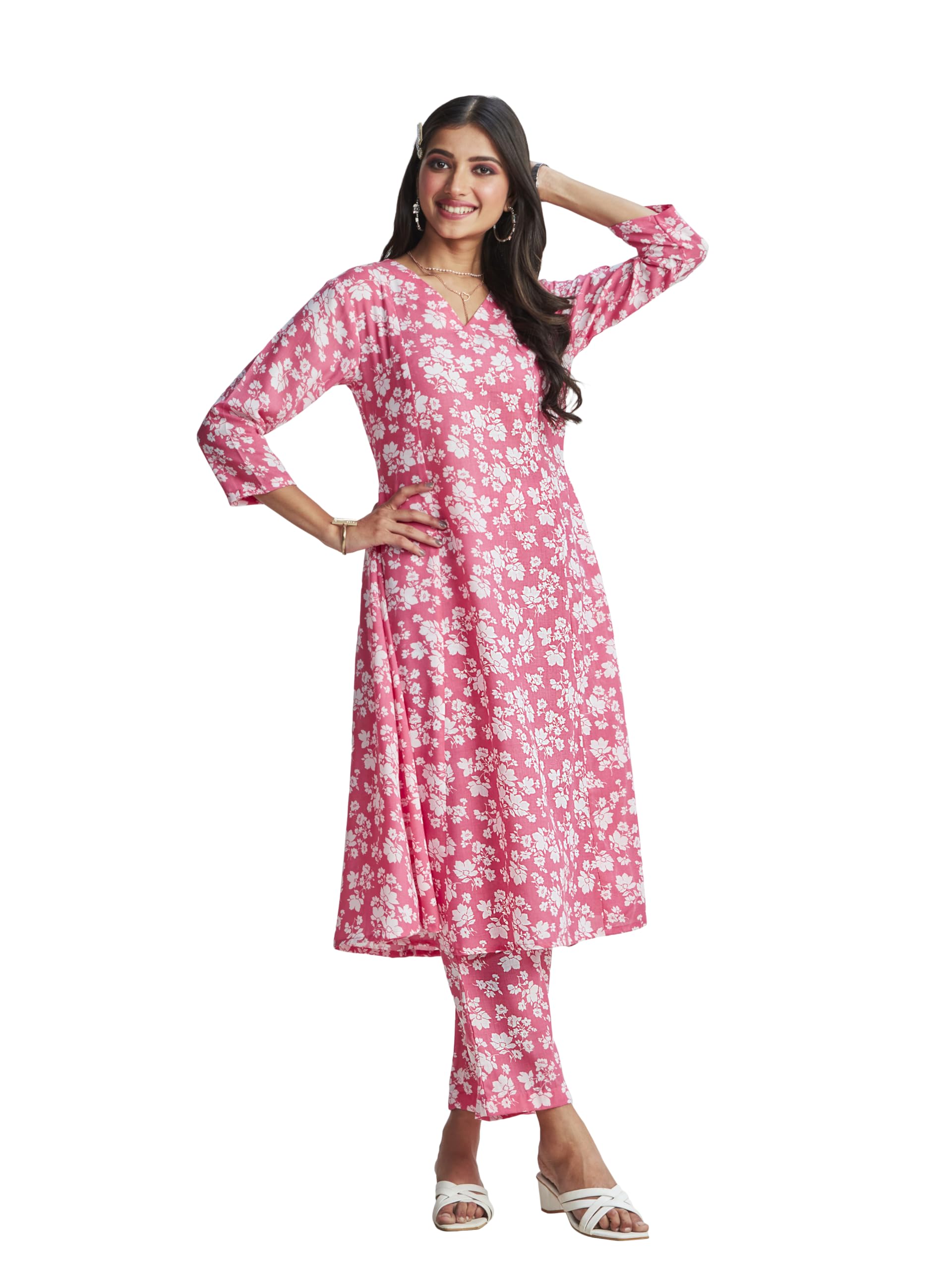 Ishin Women Pink Floral Printed Kurta With Trousers| Cotton Kurta Set| Kurta Set For Women