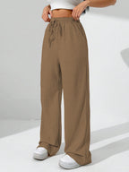 Sugathari Womens Brown Loose Wide-Leg Pants with Textured Wrinkled Fabric and Drawstring Waist Long Trousers (Trouser 157 Brown