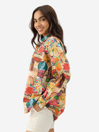 The Souled Store Indian Retro Women and Girls Long Sleeve Collared Neck Button Down Multicolor All Over Printed Boyfriend Shirts