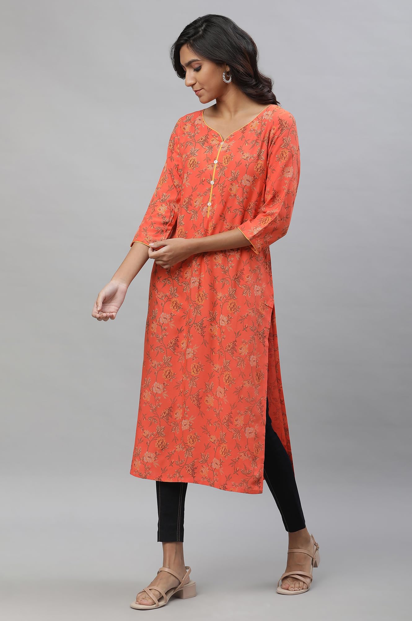 Aurelia Orange Floral Printed Printed Straight Long Kurta For Women