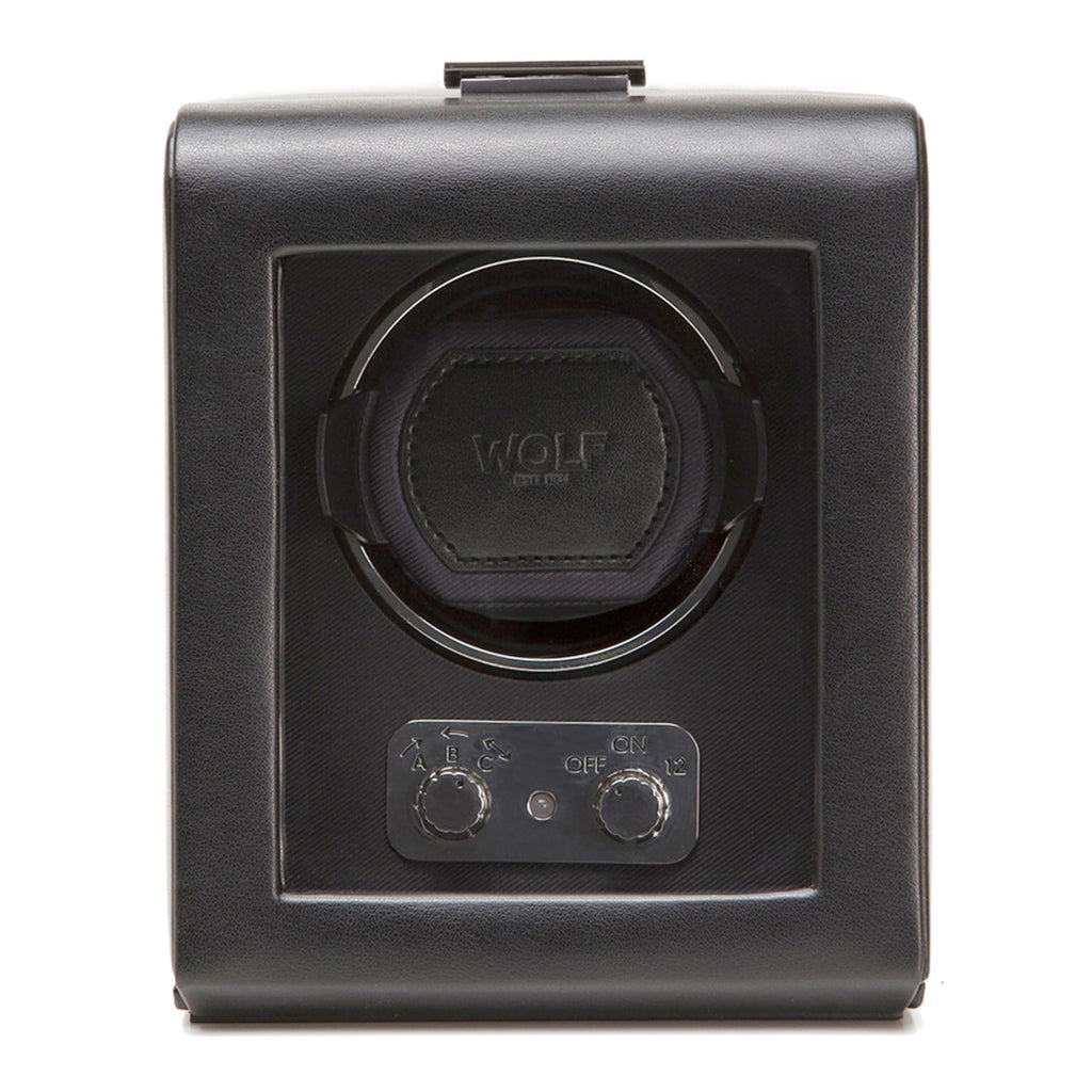 WOLF Heritage Single Winder with Glass Cover, Black - Secure Fit with Patented Lock-in Dynamic Cuff - for Bigger, Heavier Watche