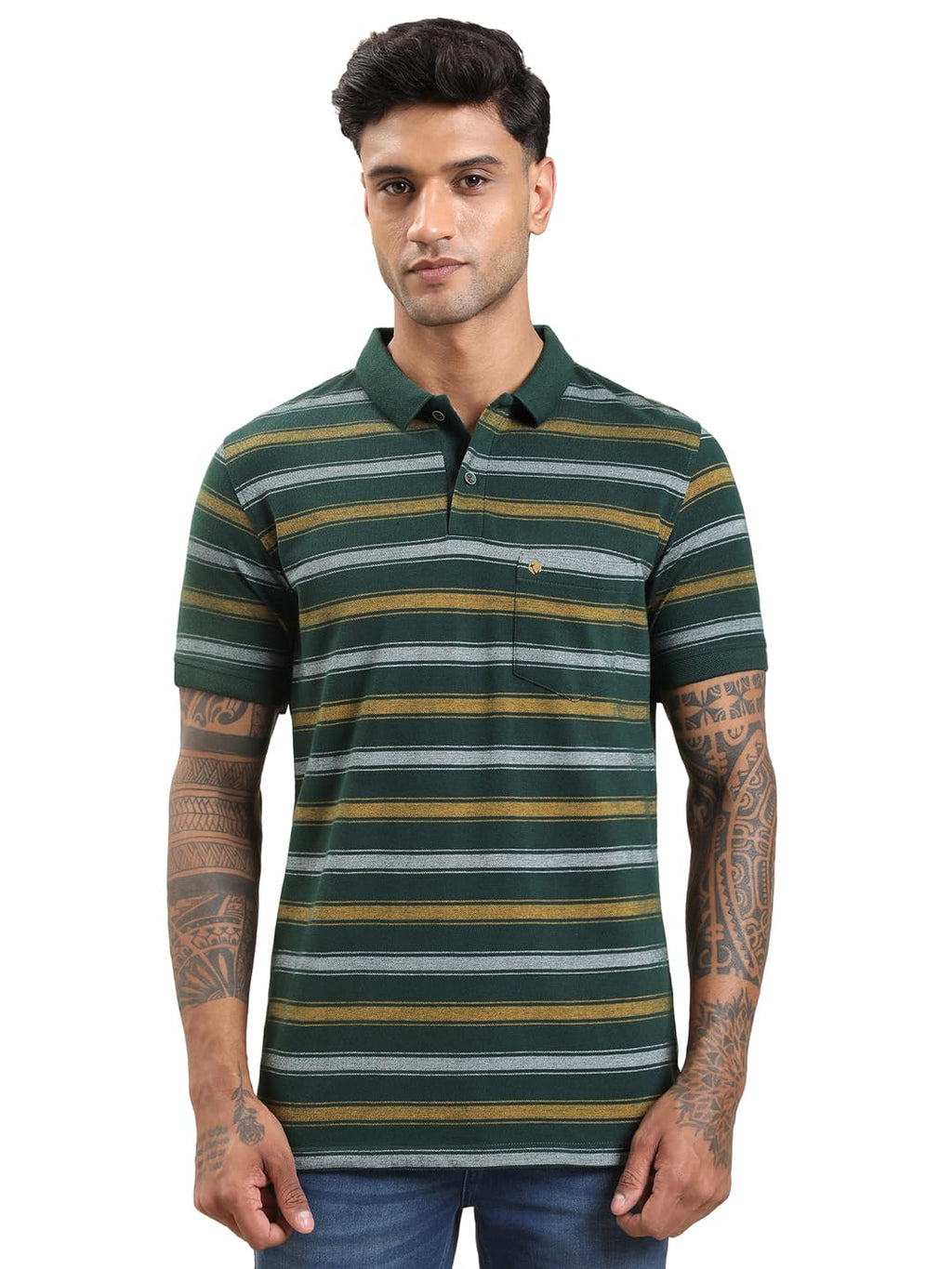 Turtle Men Pure Cotton Green Striped Polo T-Shirt
