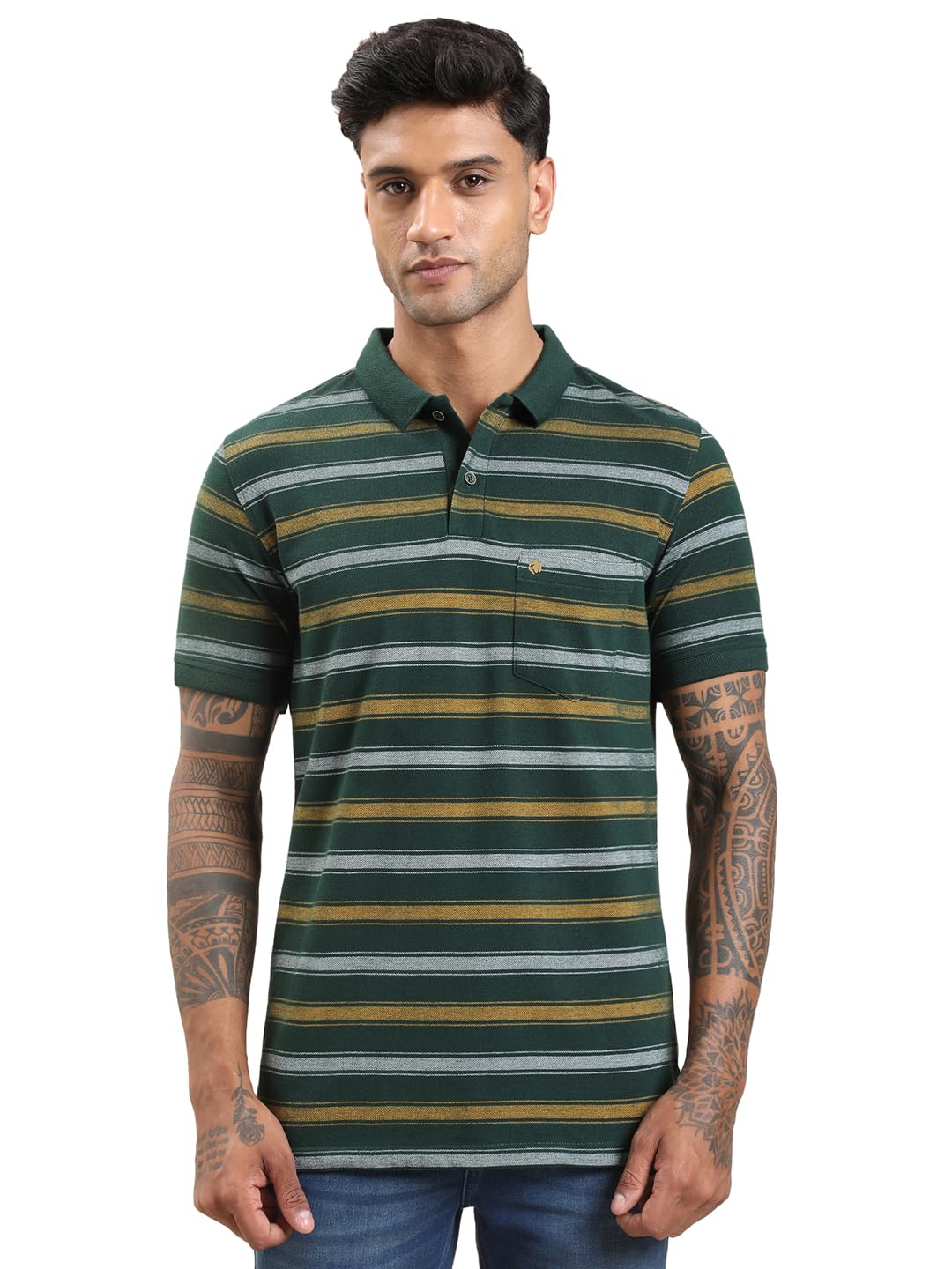 Turtle Men Pure Cotton Green Striped Polo T-Shirt