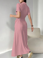 Shasmi Womens Pink Solid Color Applique Lace-Up Collared Short Sleeve, Side-Tie Waist Long Casual Maxi Women Dress Outfit Long E