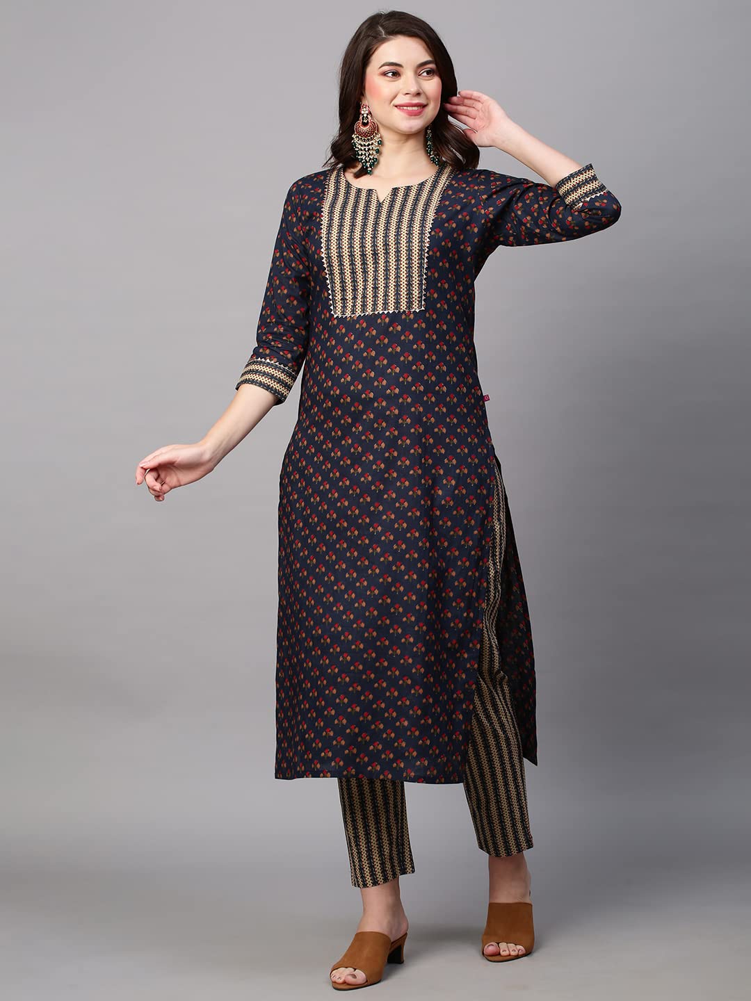 Anni Designer Women'S Cotton Blend Traditional Straight Printed Kurta With Pant Set (Satku Blue-Fbf001_S_Blue_Small)