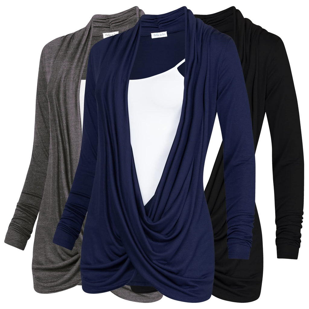 Free to Live 3 Pack Women's Lightweight Long Sleeve Knitted Cardigan, Criss Cross Pullover Nursing Tops