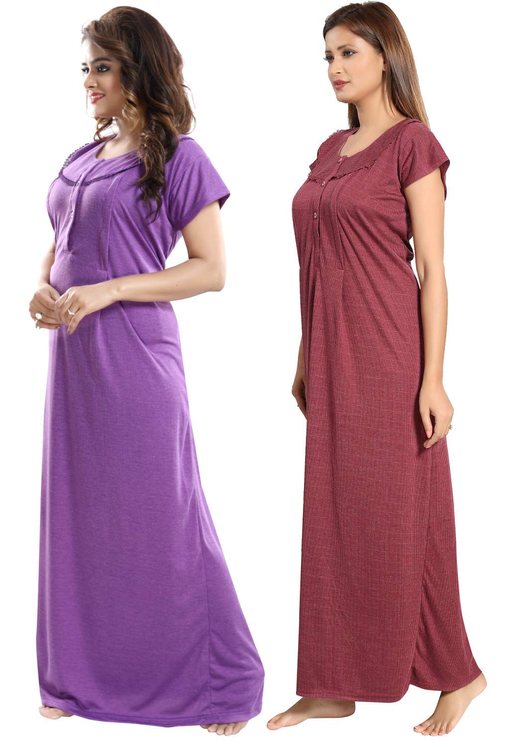 Fabme Womens Cotton Blend Textured Maxi Casual Night Gown