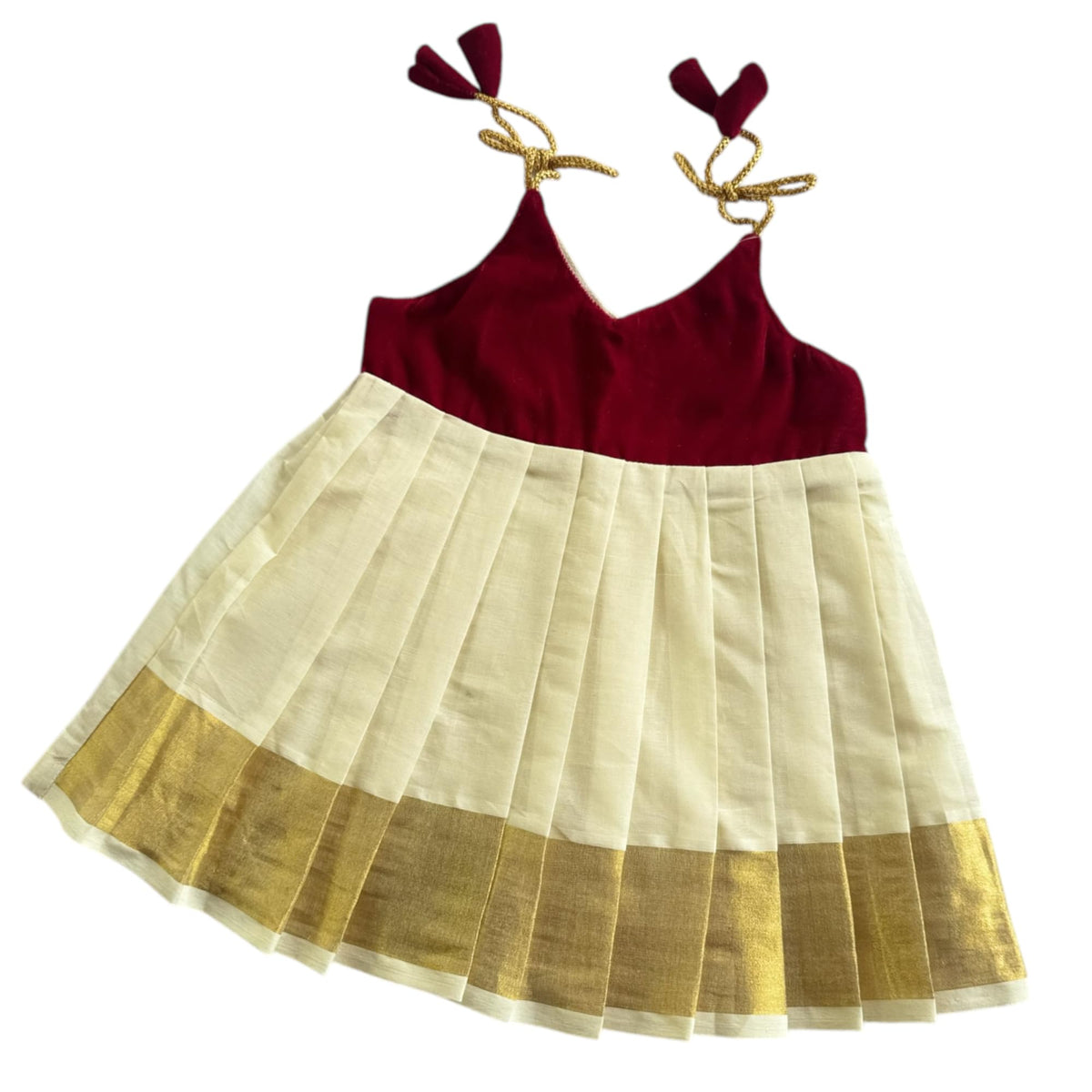Picksparrow Newborn Baby Girl Kasavu Dress/Kerala Kasavu Traditional Frock/OnamVishu Dress (Velvet, ShoulderKnot) (In, Age, 0  0-3