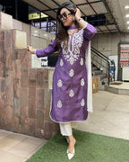 ANNI DESIGNER Women s Printed Rayon Blend Kurta with Pants and Dupatta, purple, XL