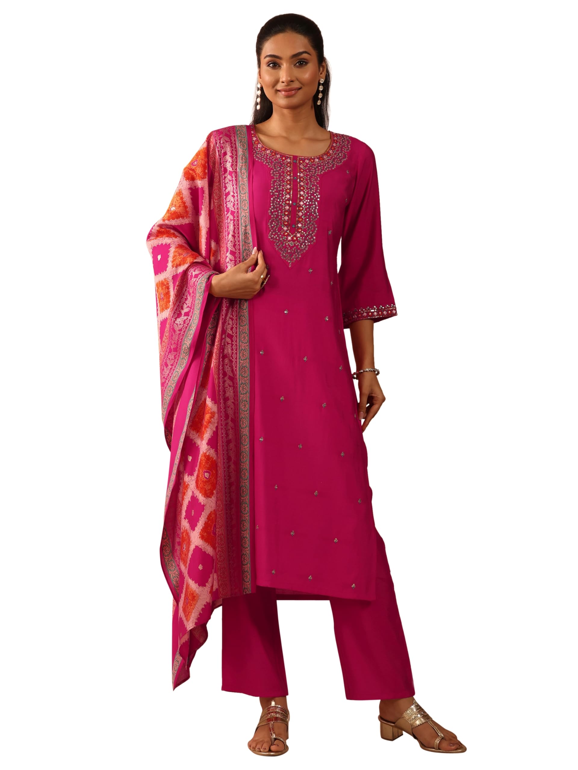 Libas Pink embellished Viscose Rayon Straight Kurta set for Women (401098S)