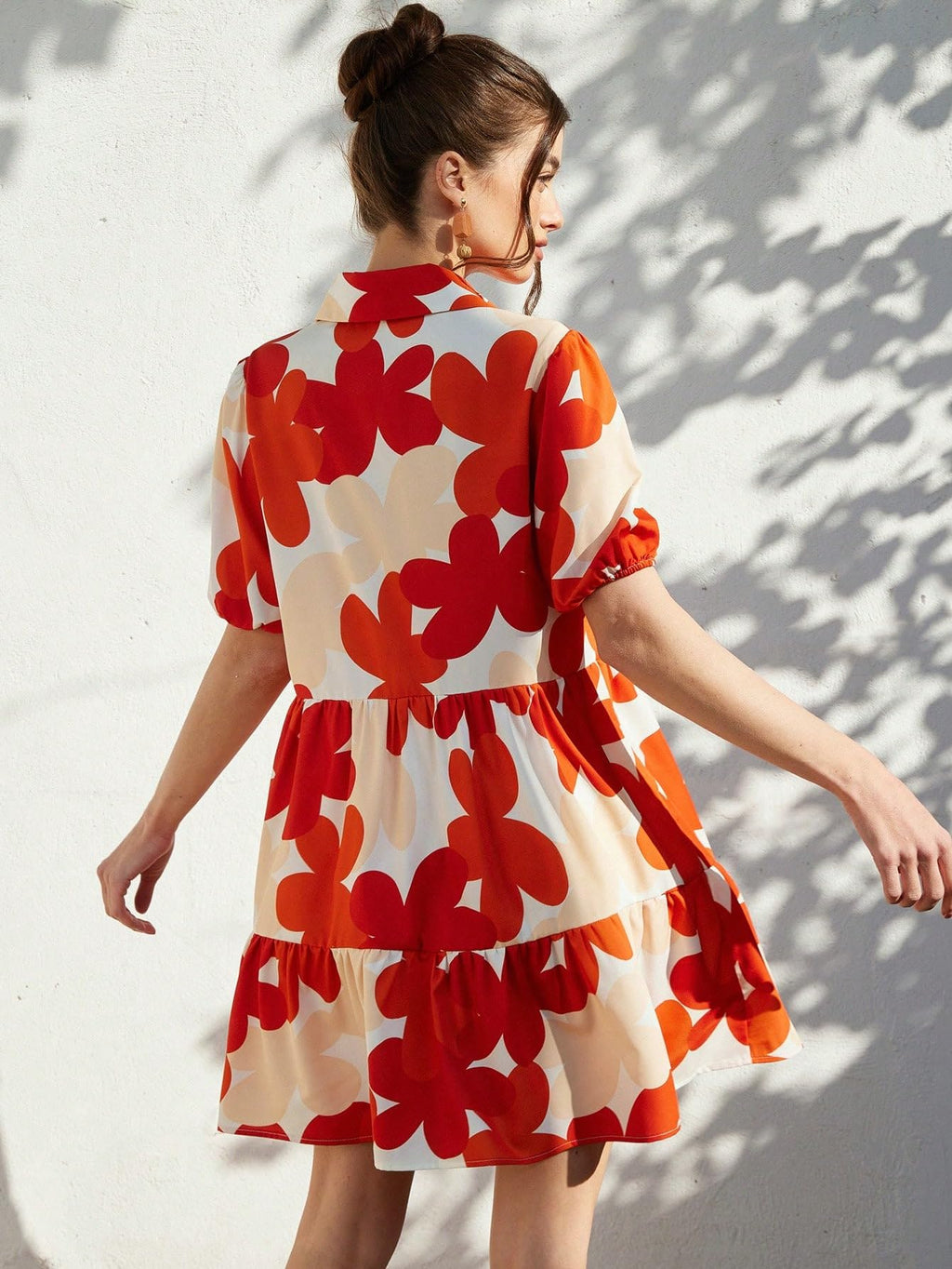 Shasmi WomenS Rust Orange Flower Print Short Sleeve Button Front All-Over Printed Dresses, Ruffle Hem Smock Dress For Woman (16