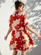 Shasmi WomenS Rust Orange Flower Print Short Sleeve Button Front All-Over Printed Dresses, Ruffle Hem Smock Dress For Woman (16
