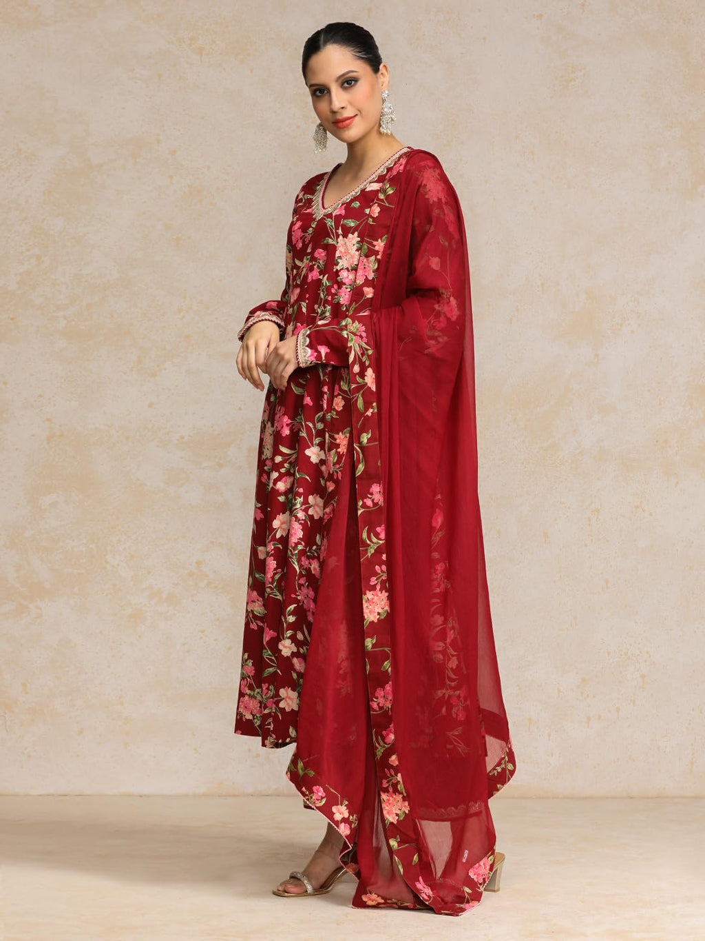 Varanga Floral Printed V Neck Anarkali Kurta With Trouser & Dupatta-Karva Chauth Special