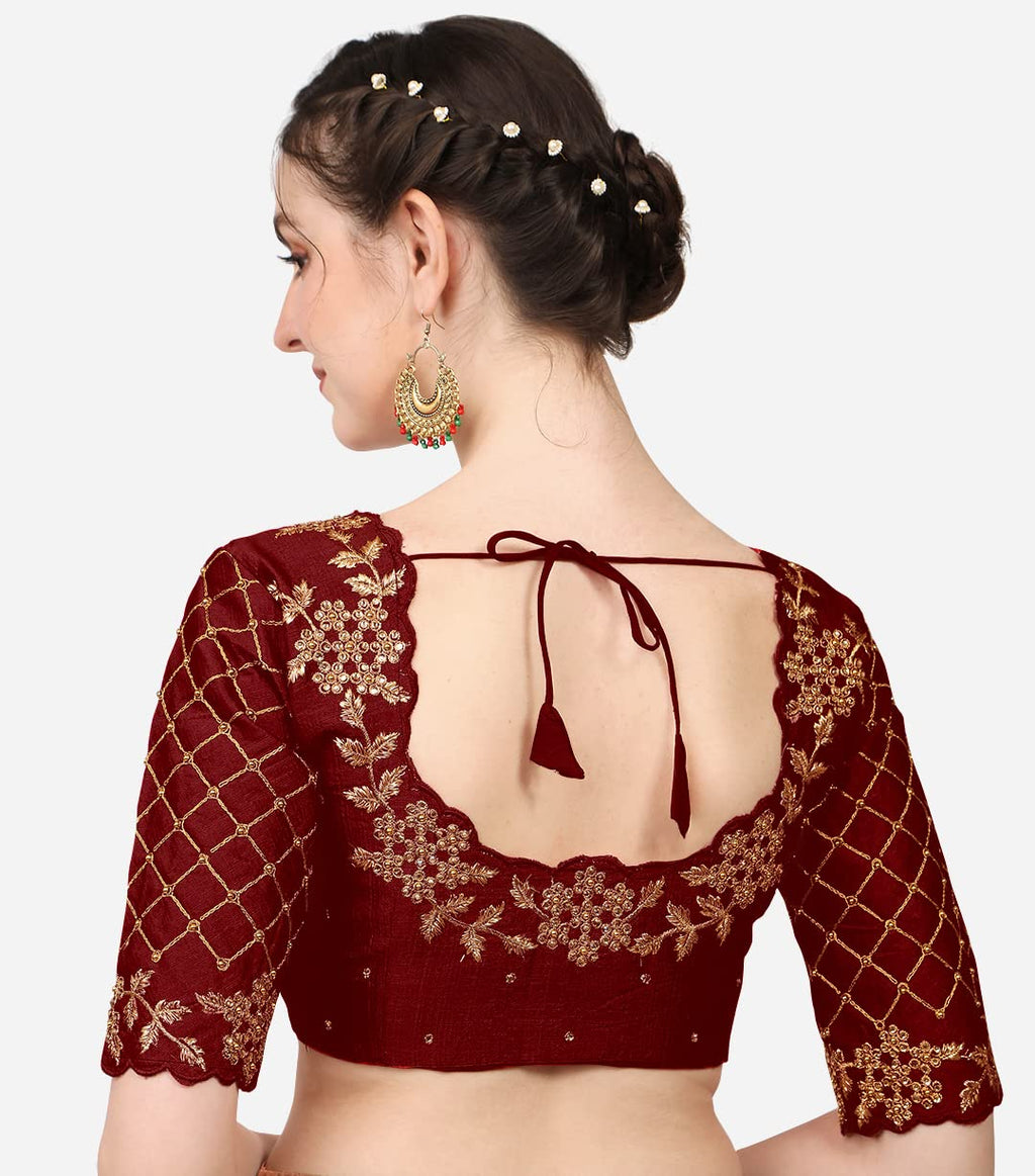 Pujia Mills Womens Embroidery Handwork, Rough Cut Work Stone Work Readymade Blouse (36, Marun)