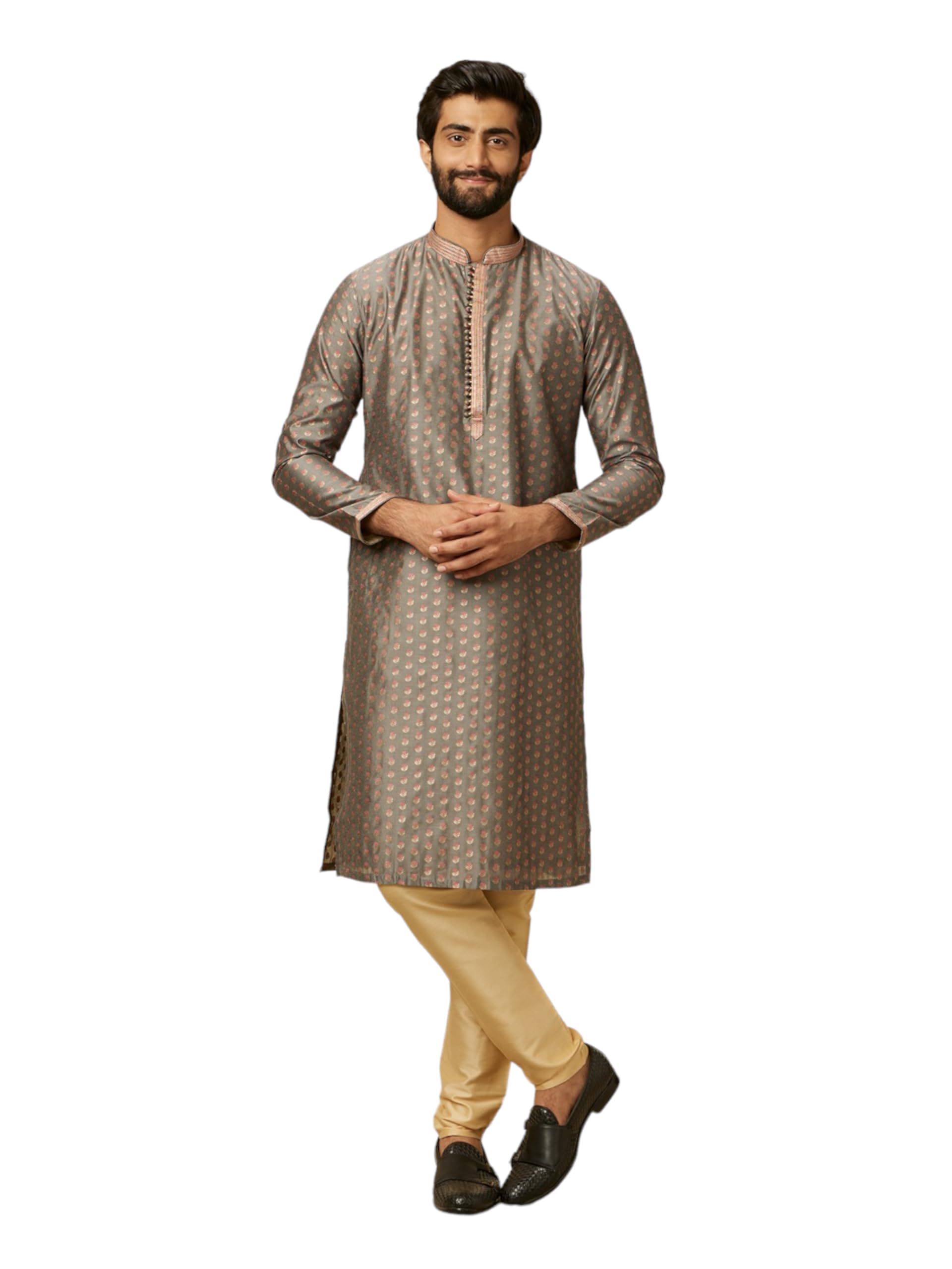 Manyavar Grey Blended Cotton Embroidery Kurta Pyjama Set