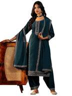 Libas Womens Embroidered Silk Blend Straight Kurta With Dhoti Pant And Dupatta