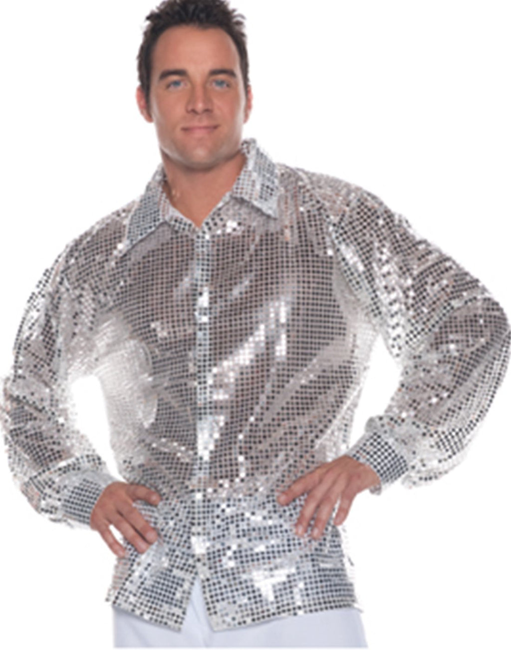 Silver Sequin Shirt Disco Stylin' 1970's Men's Button Up Long Sleeve Shirt