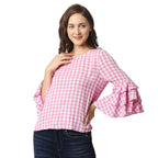 Pepe Jeans Womens Salome Gingham Checks Top With Layered Sleeve, Pink,L