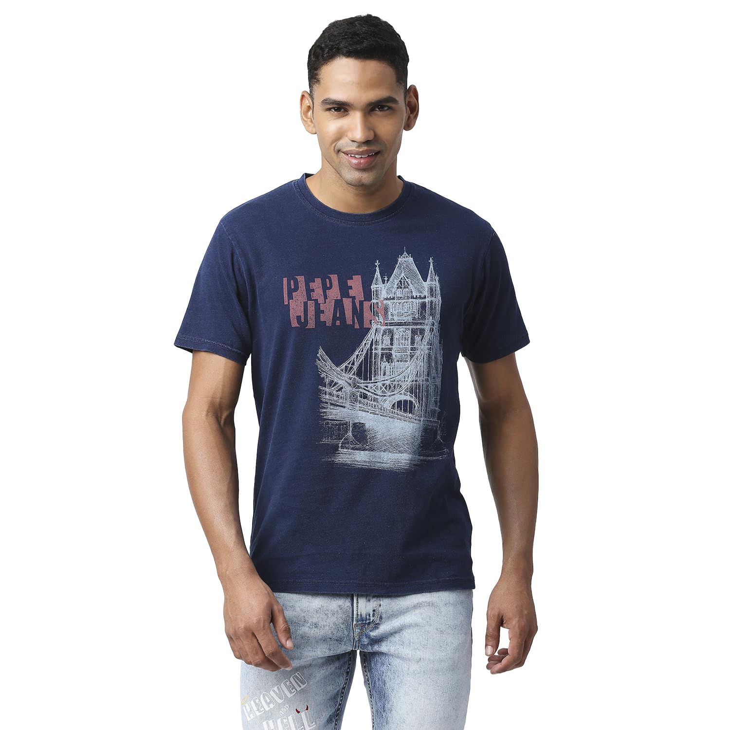 Pepe Jeans Mens Tresor Graphic Printed Indigo Tee, Indigo,Xl